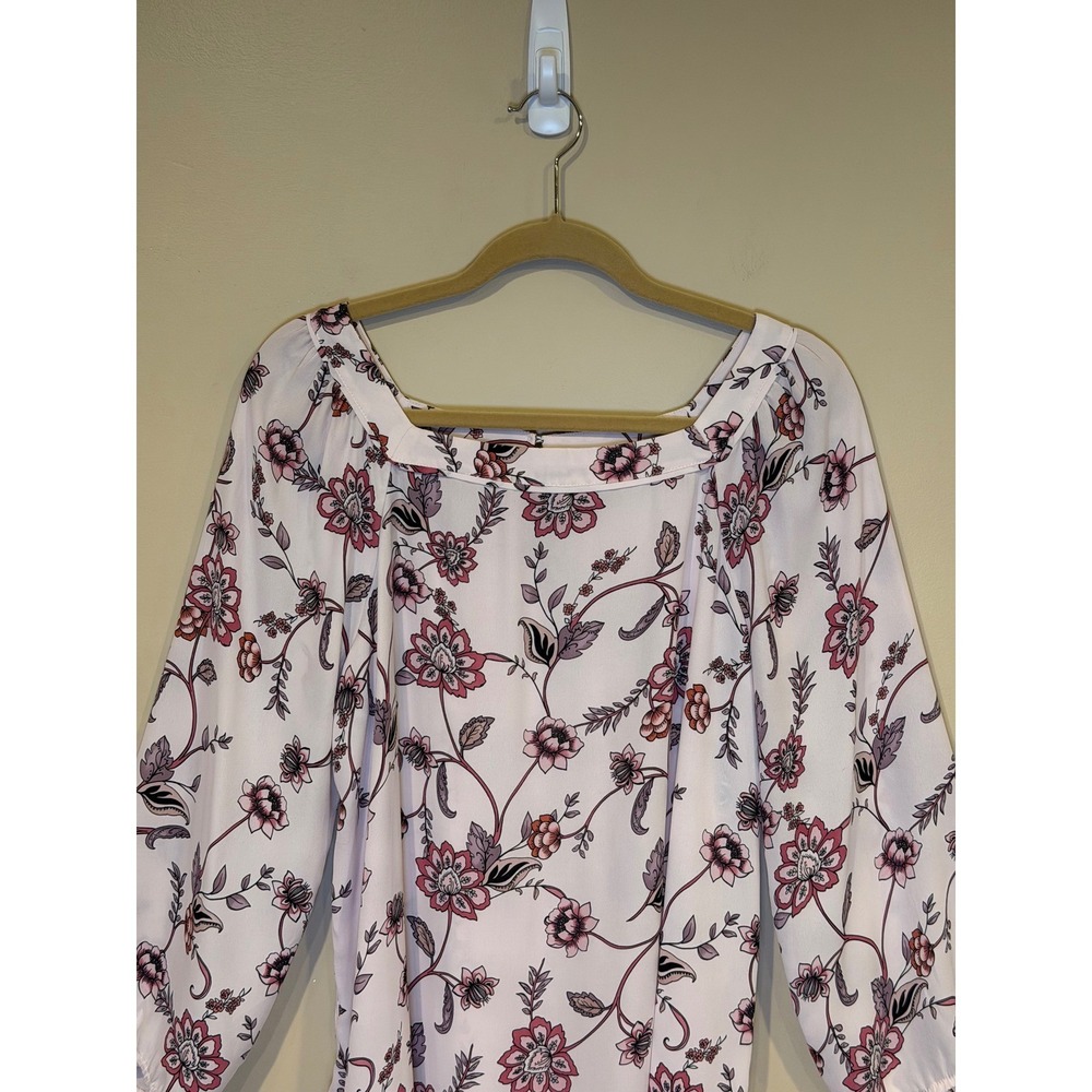 LOFT‎ Women Blouse Pink Large Floral Square Neck Balloon Sleeve Boho Top - Picture 4 of 6